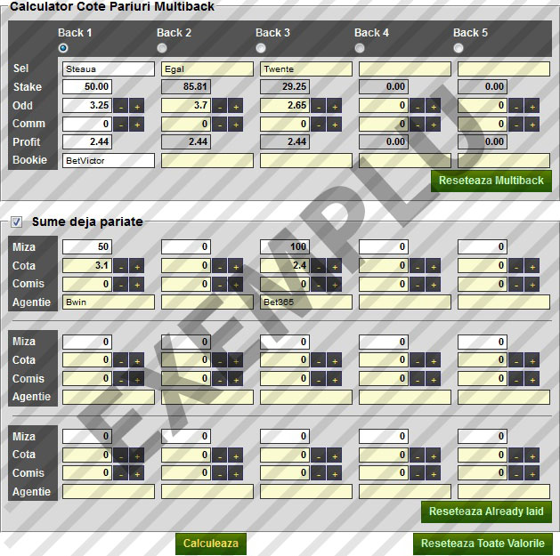 Exemplu folosire Calculator cote pariuri Multiback